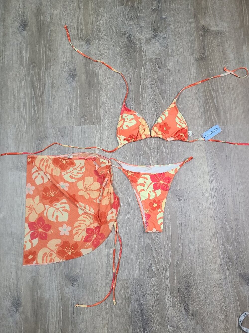 Yonique NWT Orange Yellow Hibiscus Floral 3 Piece Bikini & Swim Skirt Size Large